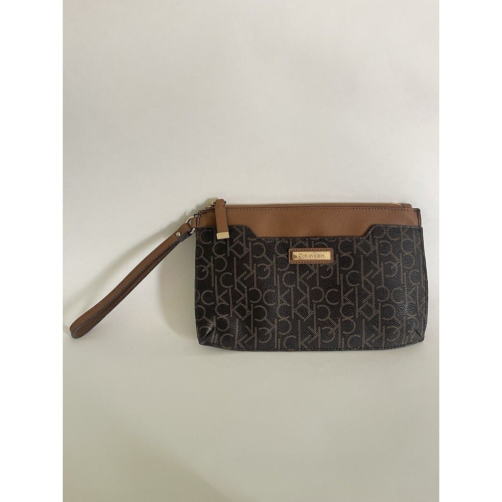 Calvin Klein Women Brown Faux Leather Monogram Logo Print Wristlet Clutch Bag